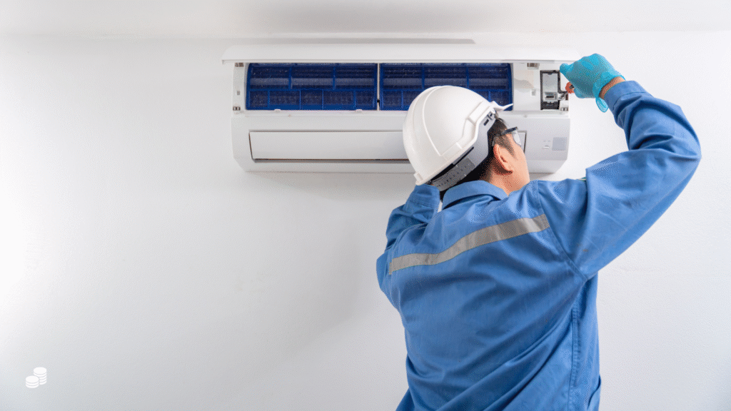 Onderhoudsmonteur die airco aan het repareren is